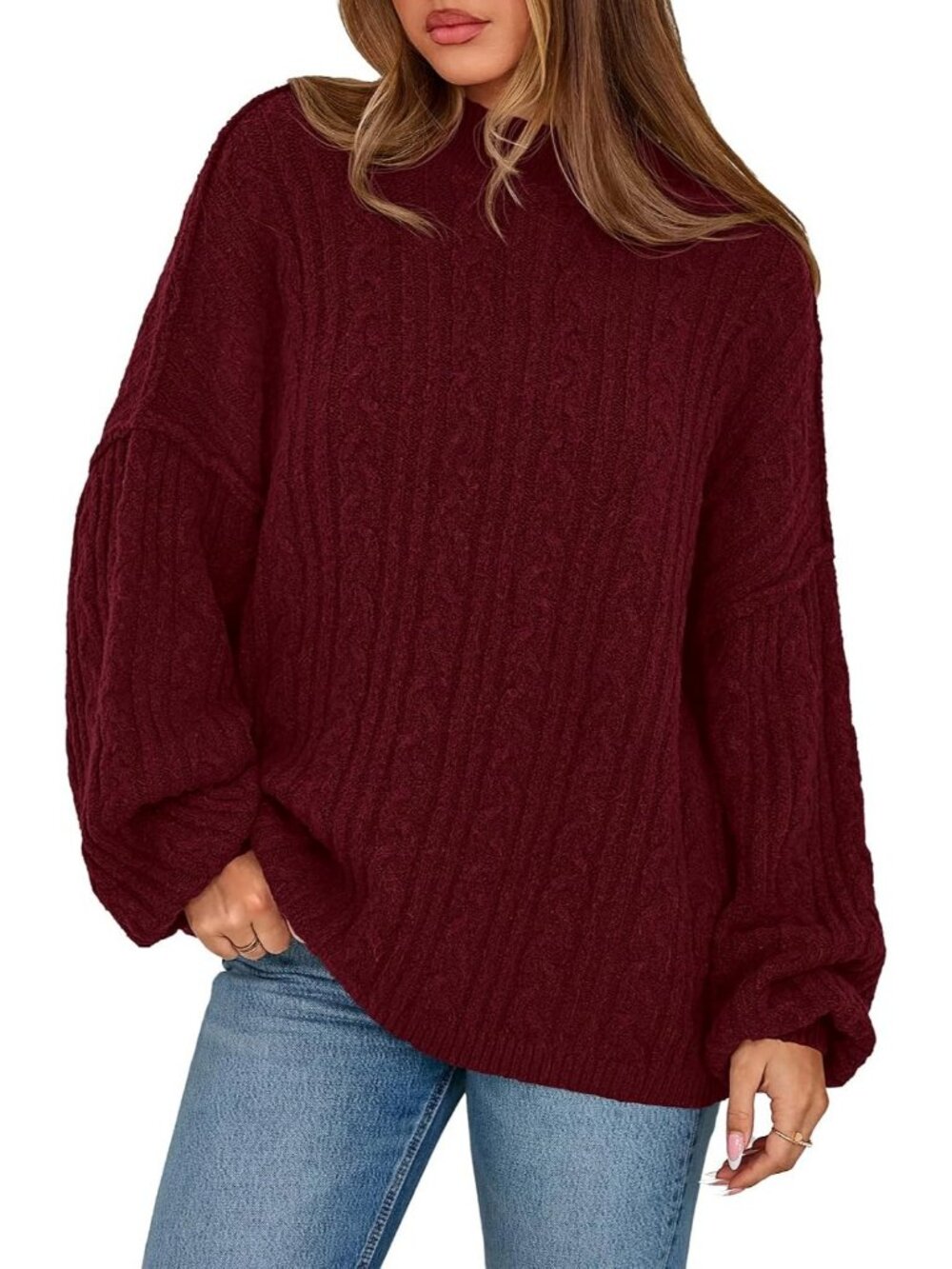 Women's Red Long Sleeve Crewneck Cable Knit Oversized Pullover Fall Sweaters